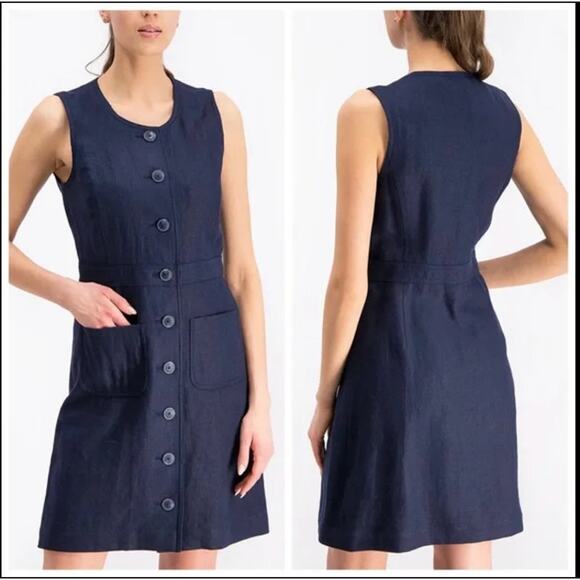 Tory Burch Navy Linen Button Front Dress 6 | Sleeveless Shift Preppy Resort Chic - Picture 3 of 7